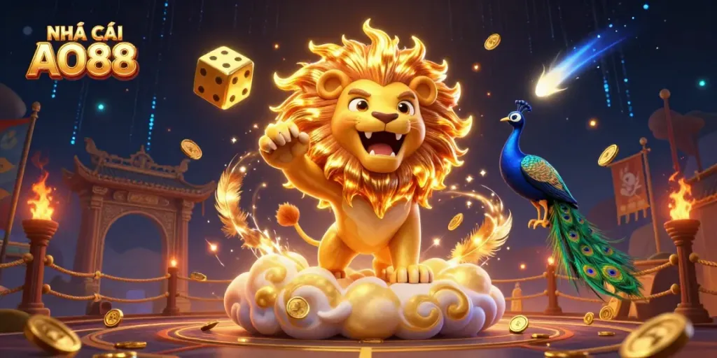 Engage with NHÀ CÁI AO88 in this vibrant 3D casino scene filled with golden dice and energetic elements.