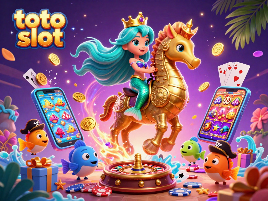 Experience thrilling toto slot action with a vibrant illustration of a mermaid princess and golden seahorse amidst exciting game elements.