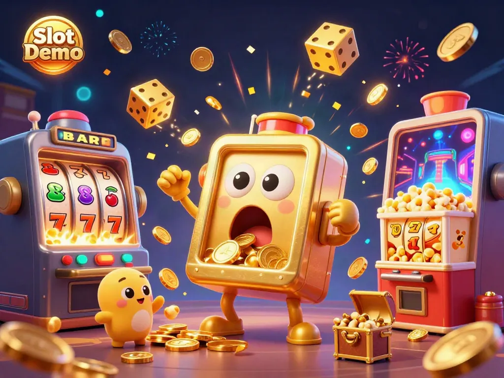 Celebrate wins with Slot Demo as a joyful golden slot machine hits the jackpot amidst glowing coins and cheering companions.