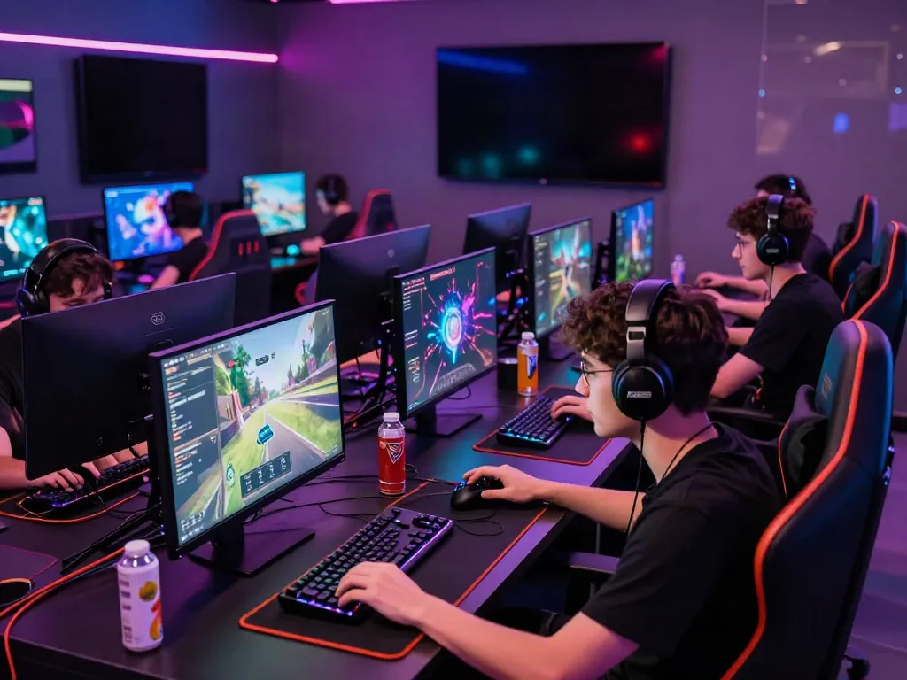 Gamers engaging with A80 gaming interface in a vibrant gaming lounge.
