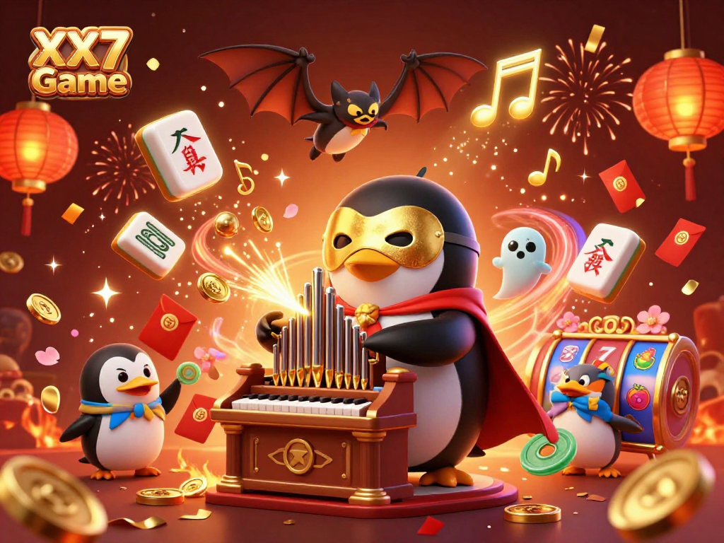 Experience the excitement of the XX7 Game with a vibrant illustration of a penguin organist and festive elements.