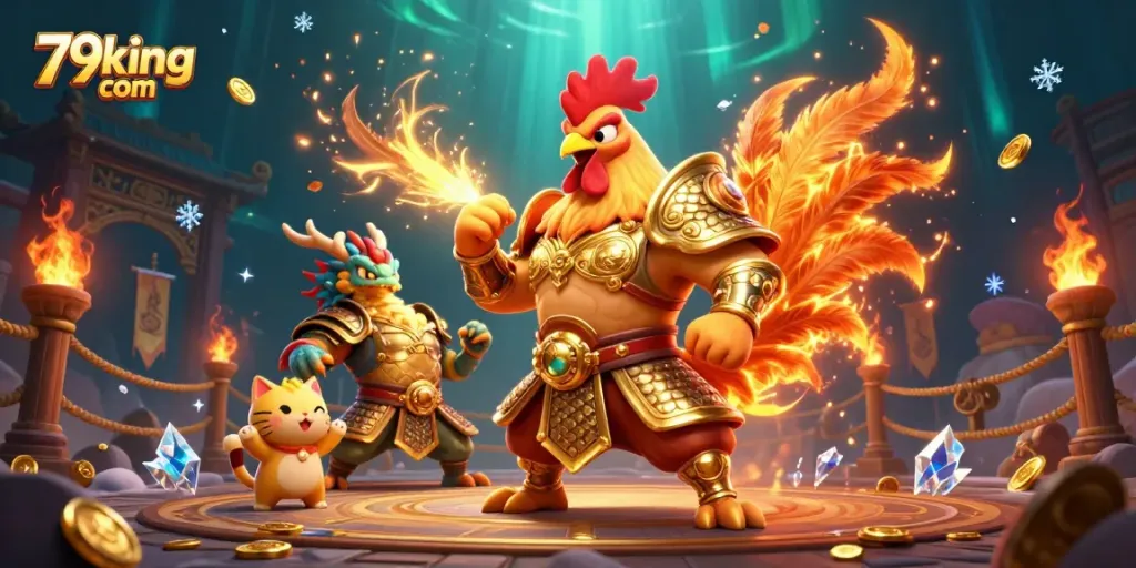 Engage in epic battles with 79king com featuring a powerful rooster warrior and dragon amidst thrilling casino elements.