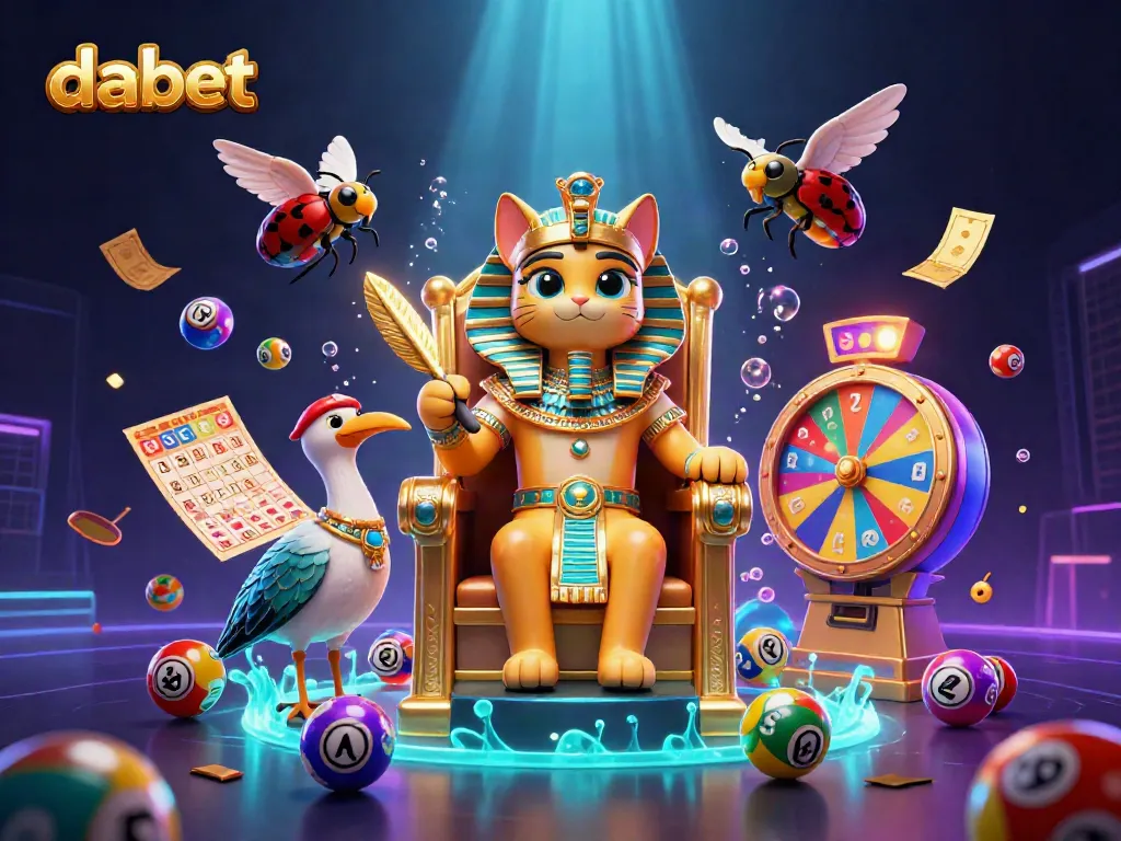Dabet offers an exciting casino experience with vibrant game elements including lottery balls and a bingo card.