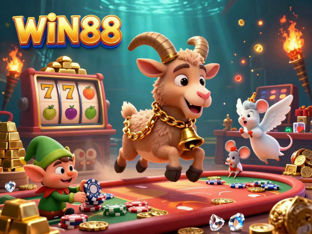 Experience the thrill of WIN88 casino with Krampus, an angel mouse, and playful gremlins in a vibrant gaming scene.