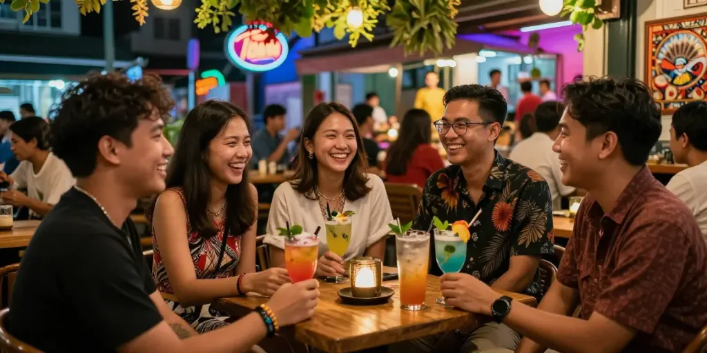 Friends enjoying cocktails at a trendy café in the city, embodying nyonya4d culture and nightlife