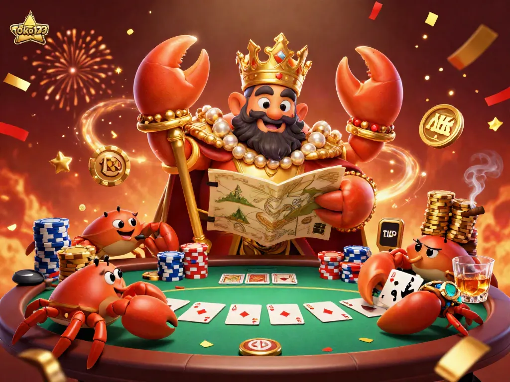 Engage with toku123's vibrant poker scene featuring a golden crab emperor amid colorful chips and cards.