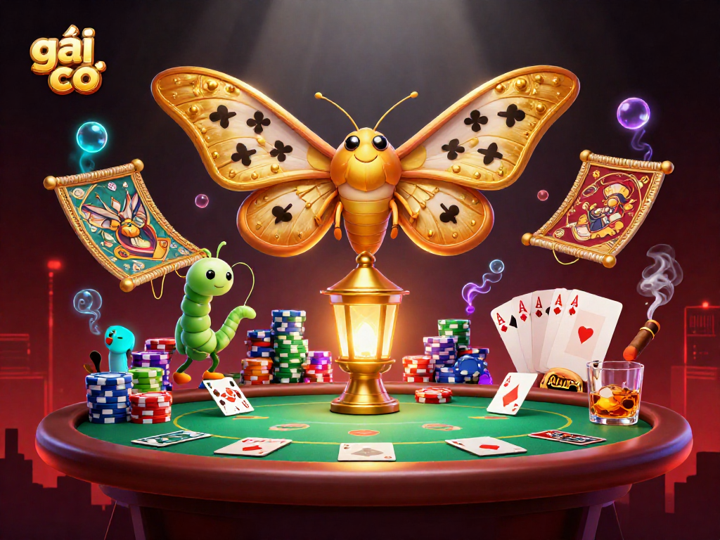 Engage in thrilling action with gái gọi at a vibrant 3D casino scene featuring poker elements and golden motifs.