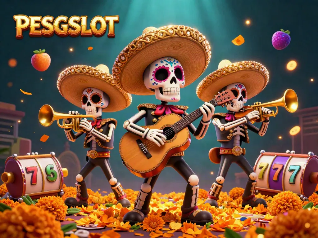 PESGSLOT illustration featuring a vibrant mariachi band with colorful elements and slot reels in a lively casino scene.