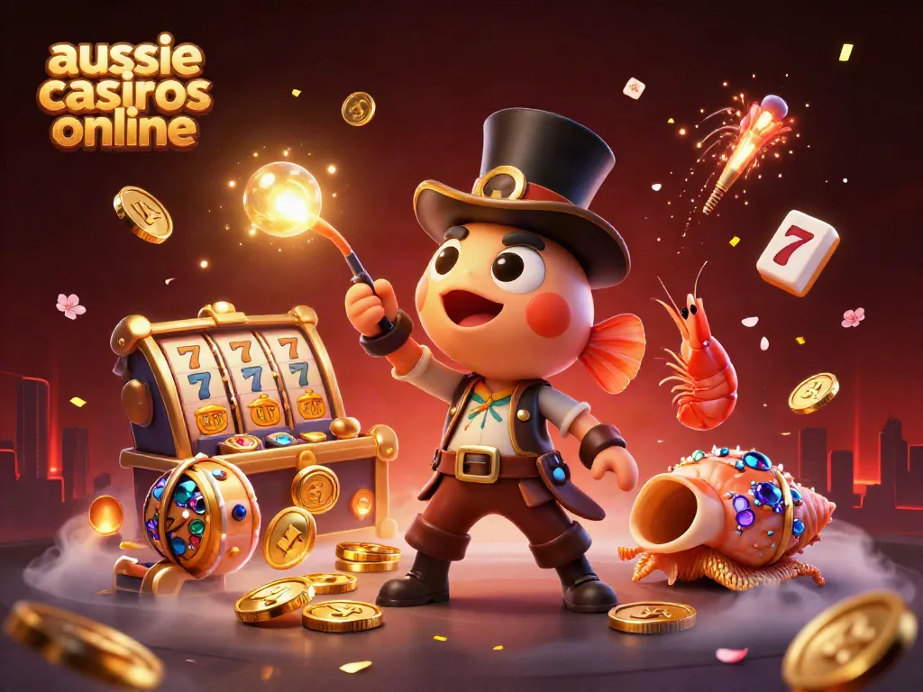 Engaging 3D scene showcasing aussie casinos online with animated characters and sparkling gaming elements.