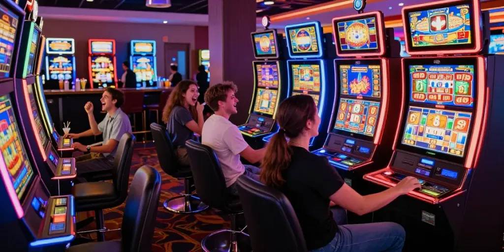 Exciting casino scene with friends winning at สล็อต machines, vibrant atmosphere filled with lights and sounds.