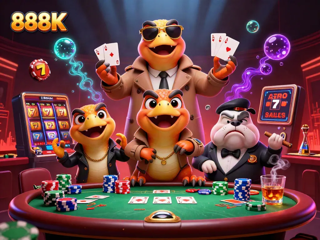 Engage with the dynamic 888K casino scene featuring playful raptors and vibrant game elements.