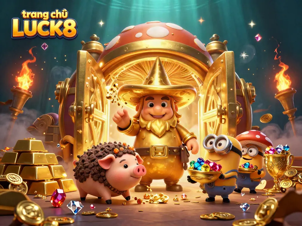 Experience the magic of trang chủ LUCK8 with enchanting treasures and vibrant characters in a 3D casino scene.