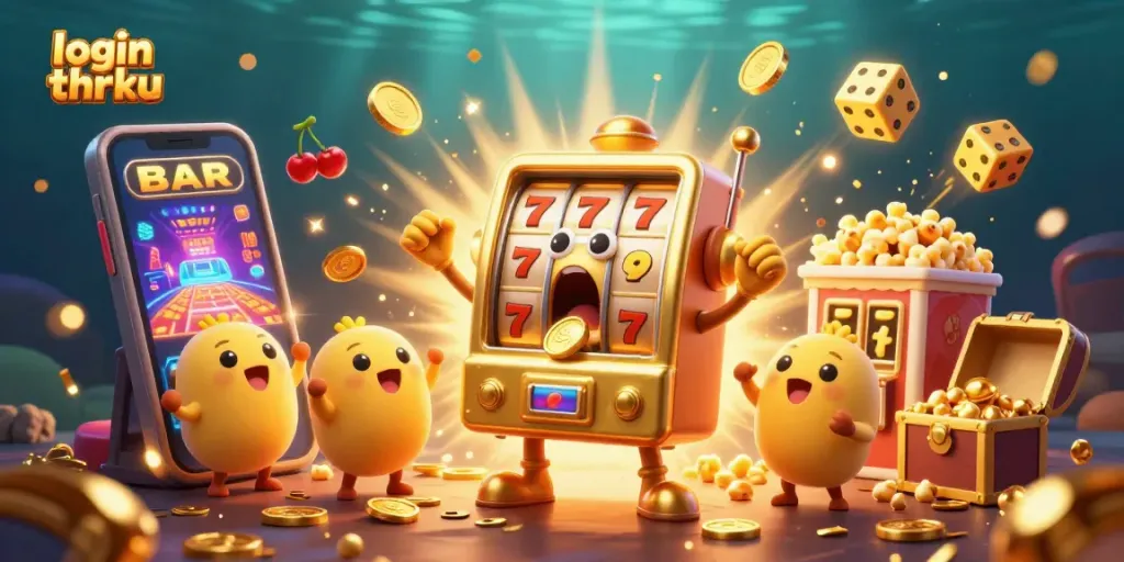 Exciting jackpot moment at a casino with 3D characters celebrating a login thrku win.