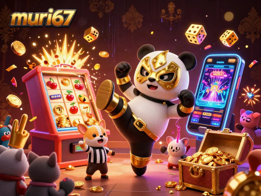 Murai67 showcases an action-packed casino scene with a panda wrestler flying kick, attracting players' attention.