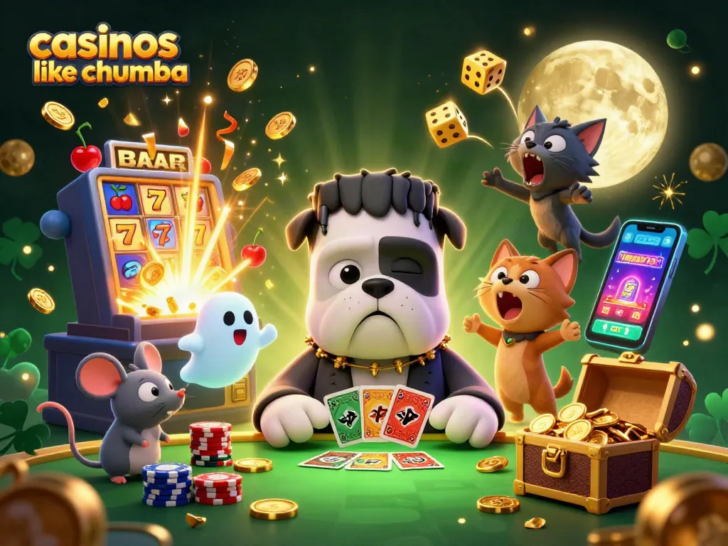 Engage in thrilling action with casinos like Chumba, where a Frankenstein bulldog deals cards amidst a vibrant gaming scene.
