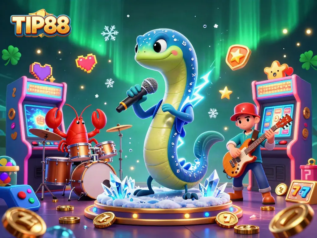 Watch TIP88's electric eel DJ perform in a colorful underwater casino stage filled with arcade games.