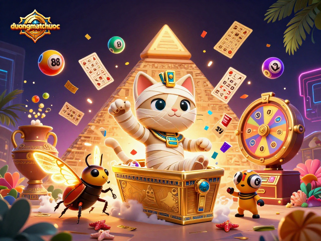 Engage with duongmatchuoc as the Egyptian mummy cat and companions celebrate wins amidst lively casino elements.