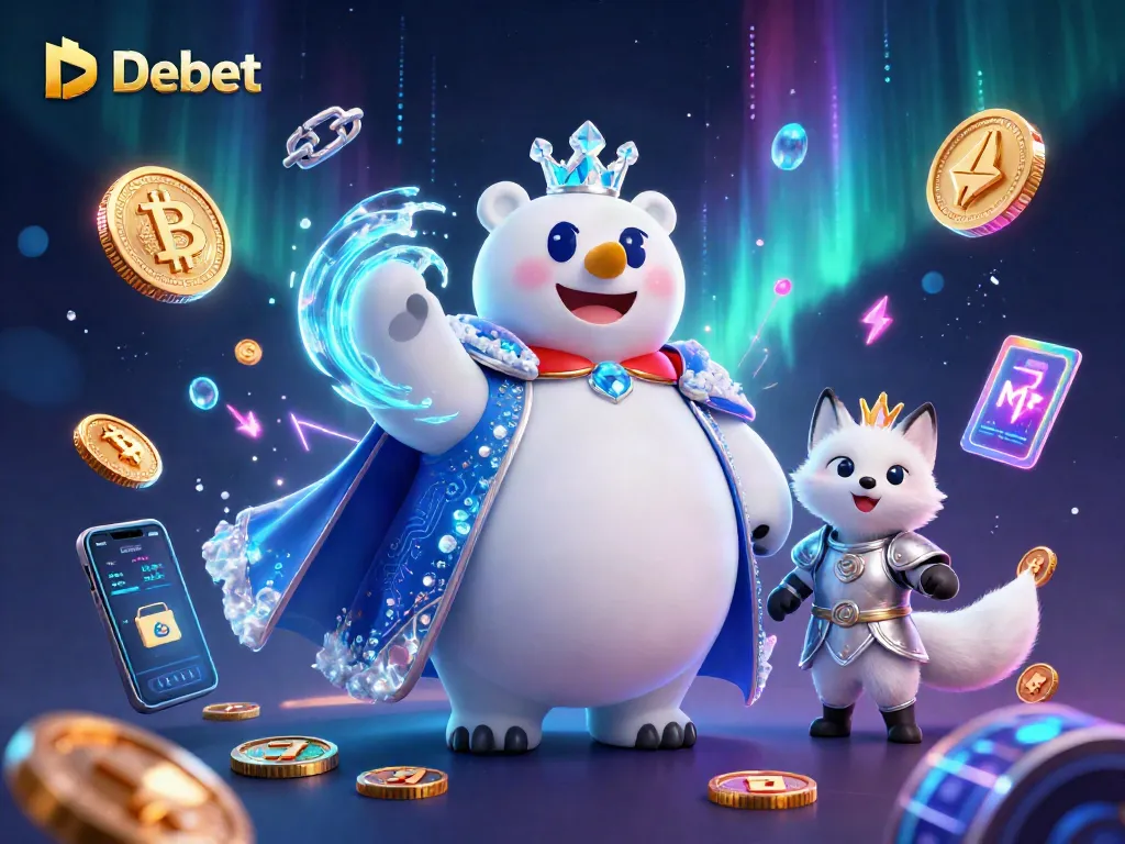 Debet unveils a vibrant casino scene with a polar bear king and fox companion immersed in crypto-themed elements.