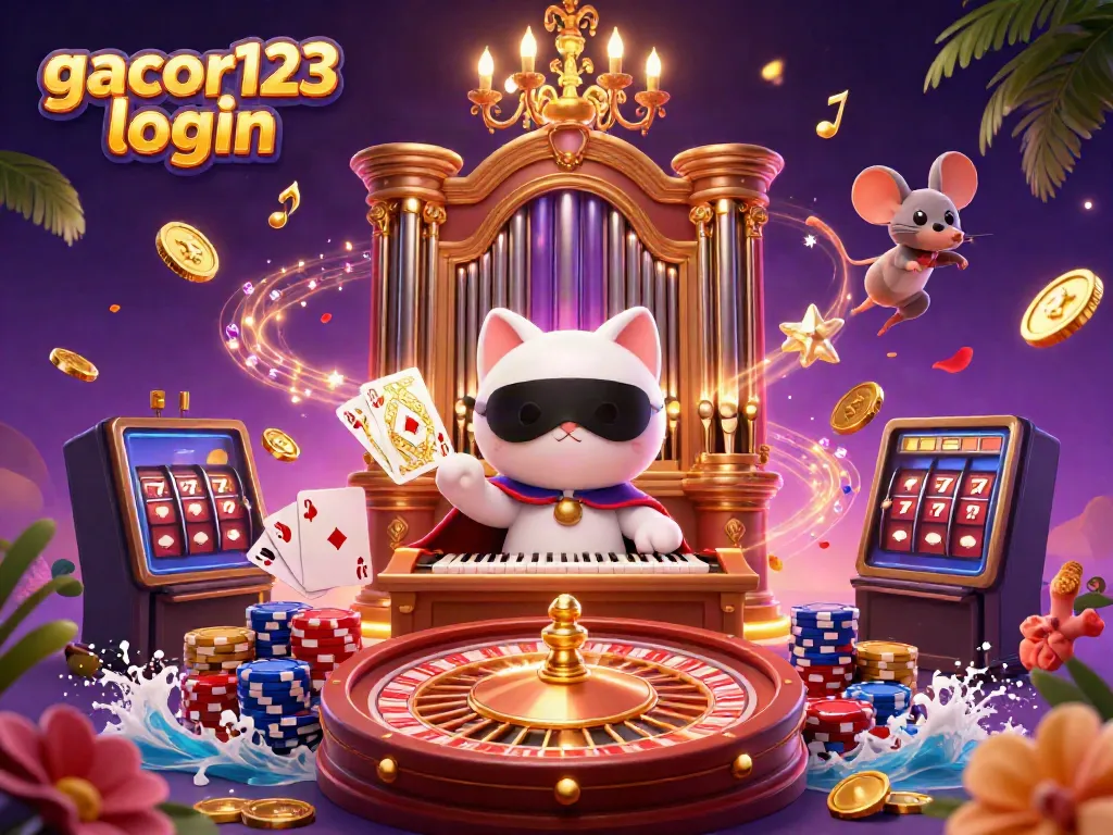 Engage in thrilling gaming with gacor123 login, surrounded by vibrant casino elements and enchanting characters.