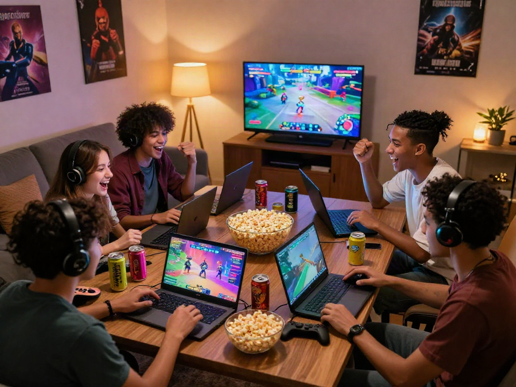 Friends enjoying porngames together in a cozy gaming setup with snacks and vibrant screens.