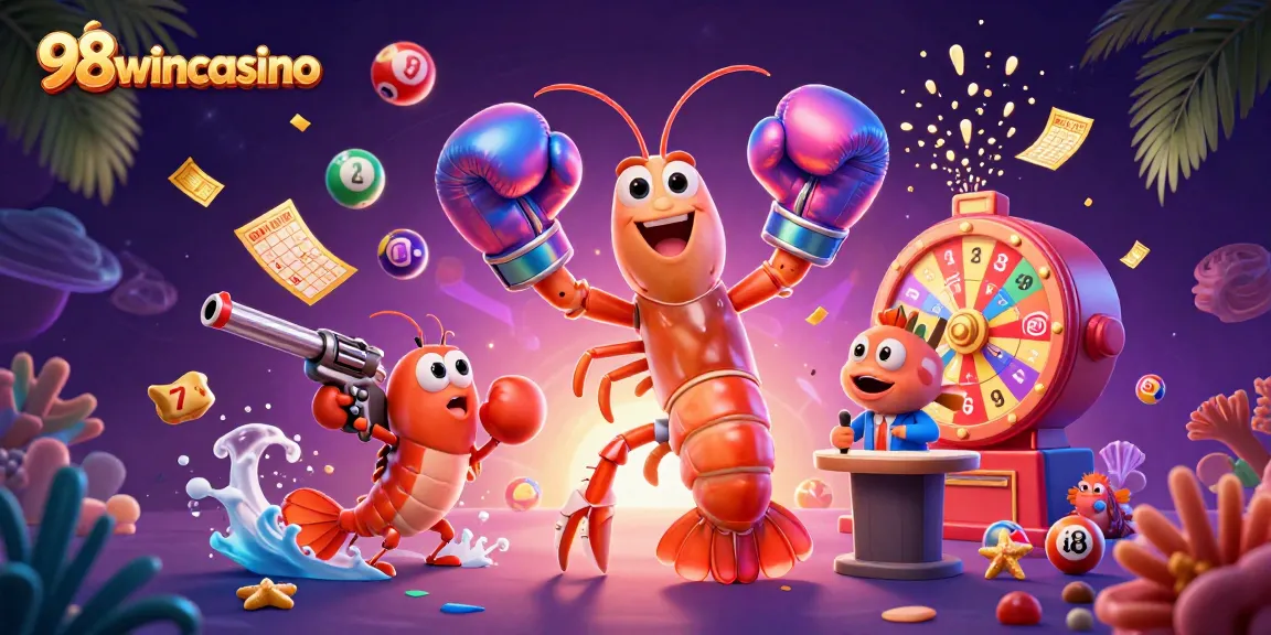 98wincasino showcases vibrant lottery action with a dynamic scene featuring playful aquatic characters.