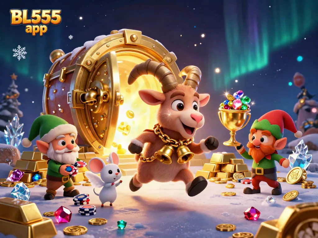 Join the fun at BL555 app casino where cartoon characters chase gems and golden treasures in an enchanting scene.
