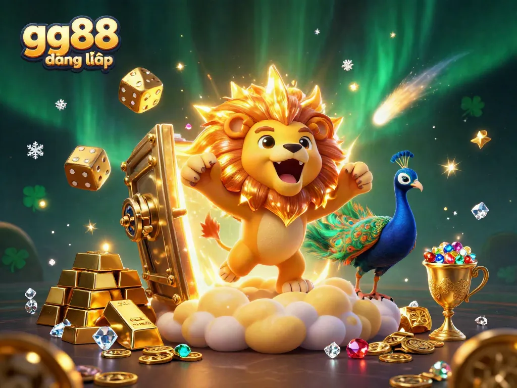 Experience the excitement of online gaming with gg88 đăng nhập and vibrant casino visuals featuring a roaring lion and golden treasures.
