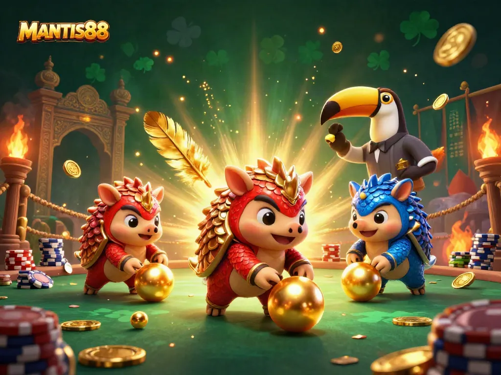 MANTIS88 brings to life a thrilling 3D scene where rival pangolins transform gameplay with golden balls and poker chips.