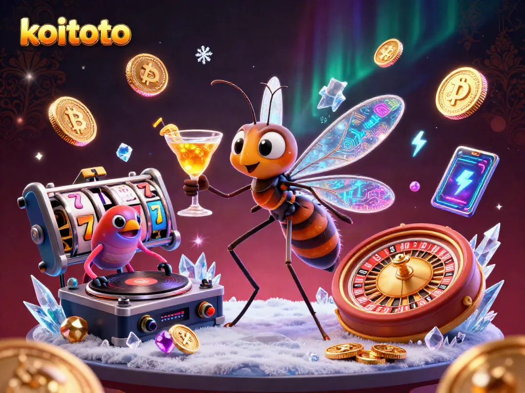 Engage with koitoto's excitement as a cartoon mosquito mascot celebrates casino wins surrounded by vibrant slot game elements.