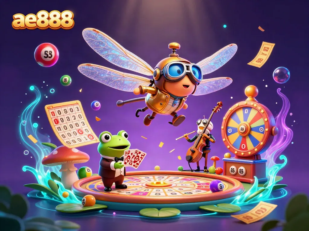 Engage with the vibrant world of ae888 as a dragonfly pilot hovers over a lily pad casino with a frog croupier and jazz musicians.