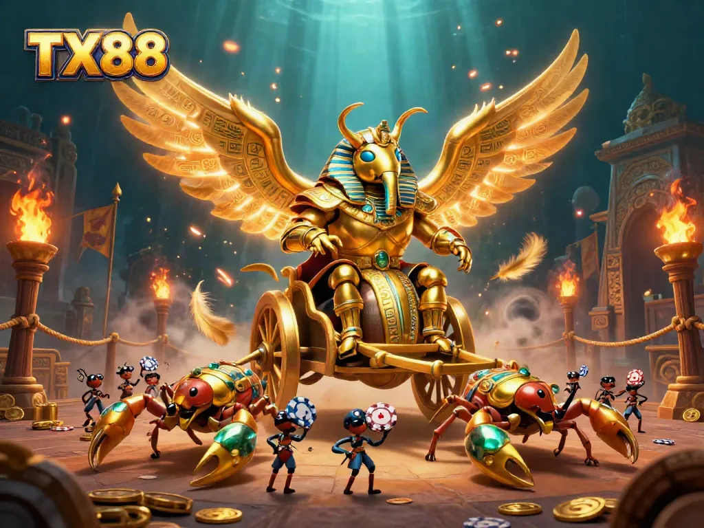 Engage with TX88 through a vibrant 3D chariot scene full of casino energy and excitement.