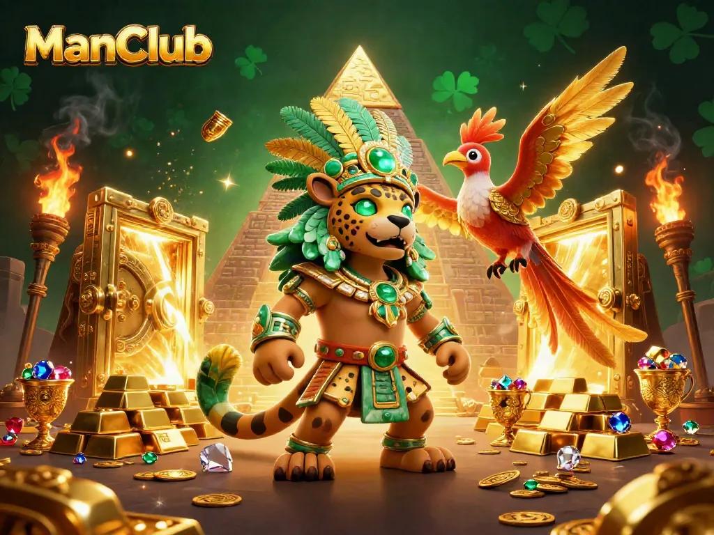 Win big at ManClub with a vibrant 3D illustration of a Mayan-themed casino experience filled with treasures.