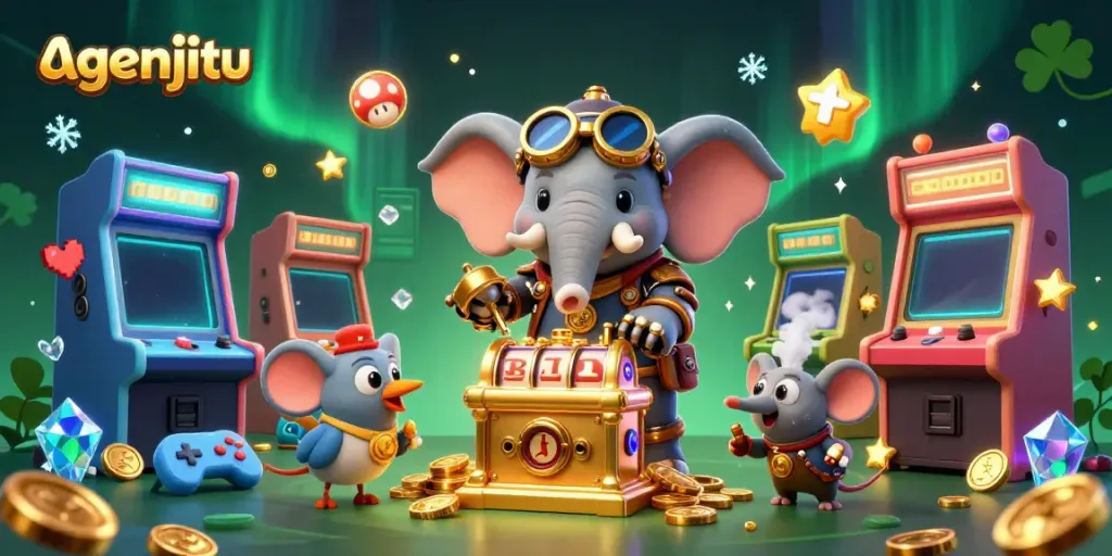 Gambarkan permainan mesin slot yang menarik dengan agenjitu sebagai karakter utama di kasino virtual