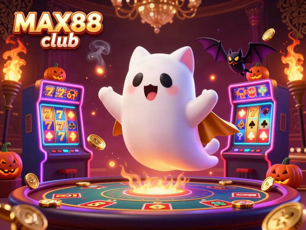 Engage with the lively casino action of the MAX88 club featuring a friendly ghost cat, vibrant machines, and glowing poker elements.