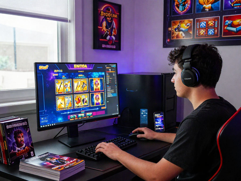 Young adult enjoying bandar slot gaming at a vibrant desk with LED lights and gaming accessories.