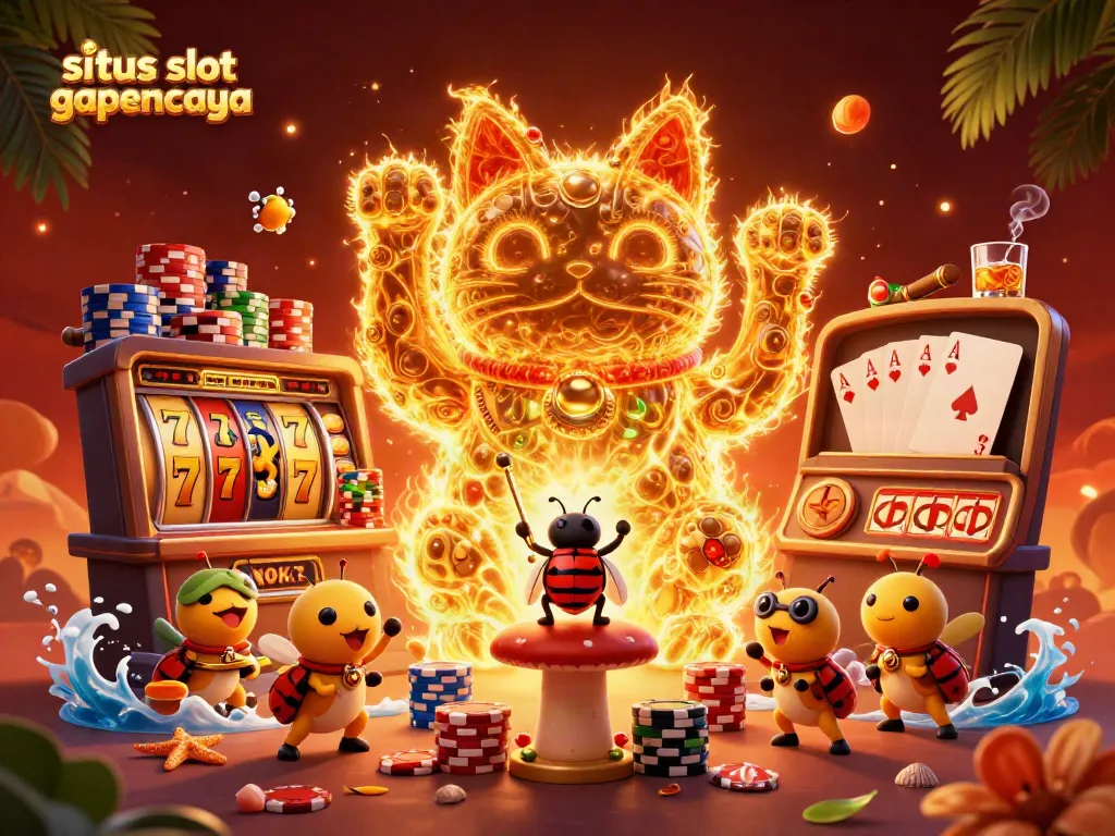 Engage with the vibrant world of situs slot gacor terpercaya in this colorful illustration featuring a lucky cat and casino elements.