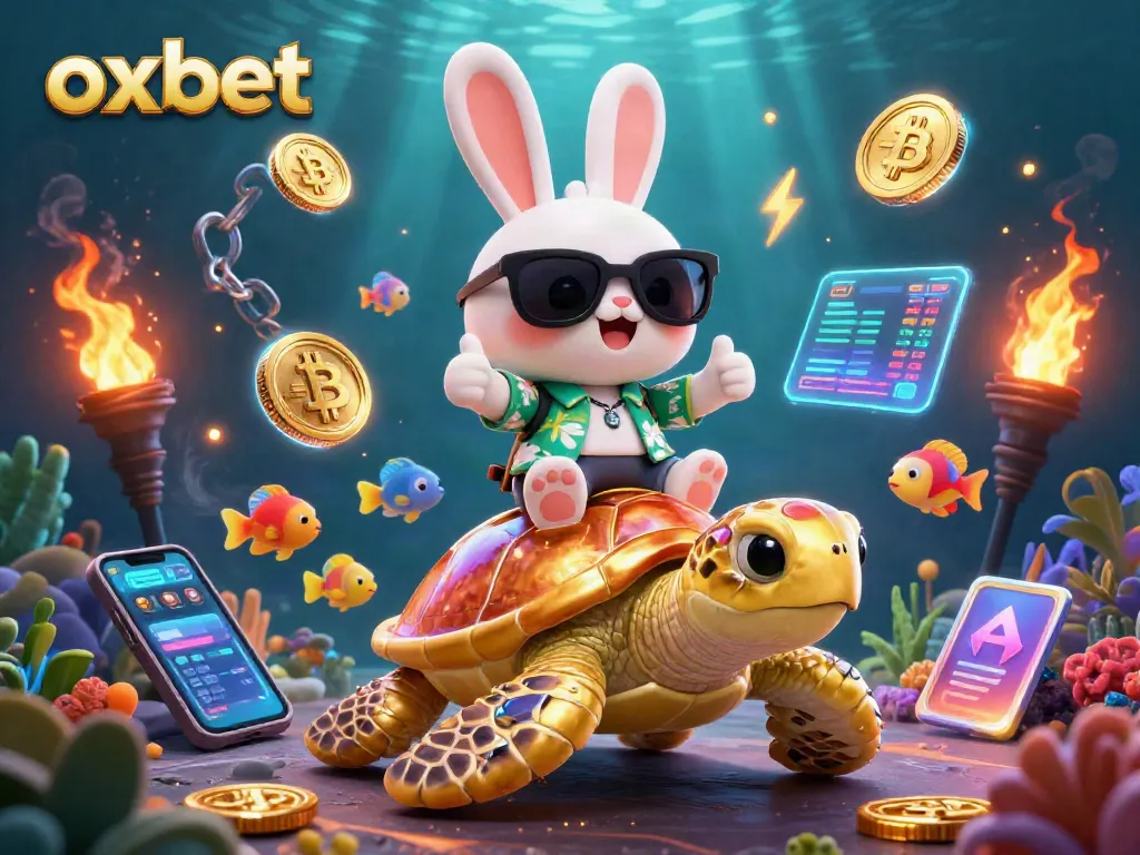 Join the fun at Oxbet with the lucky rabbit and golden turtle in a vibrant underwater casino scene.