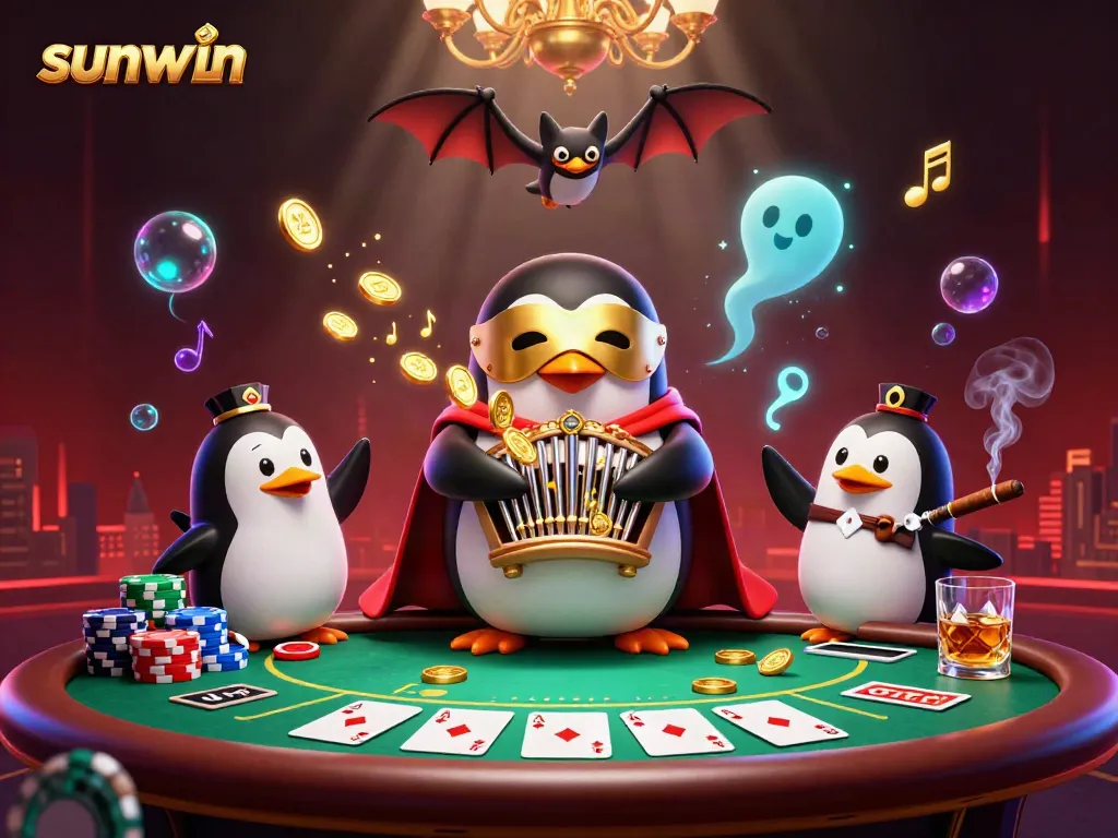 Experience sunwin with our lively casino scene featuring a penguin organ player and poker elements.