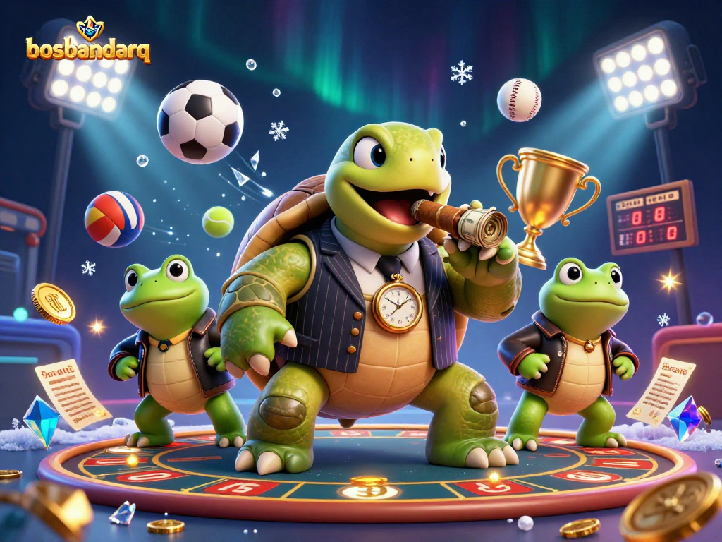 Bosbandarq displays a vibrant scene with a snapping turtle in a mobster suit, surrounded by gaming elements.