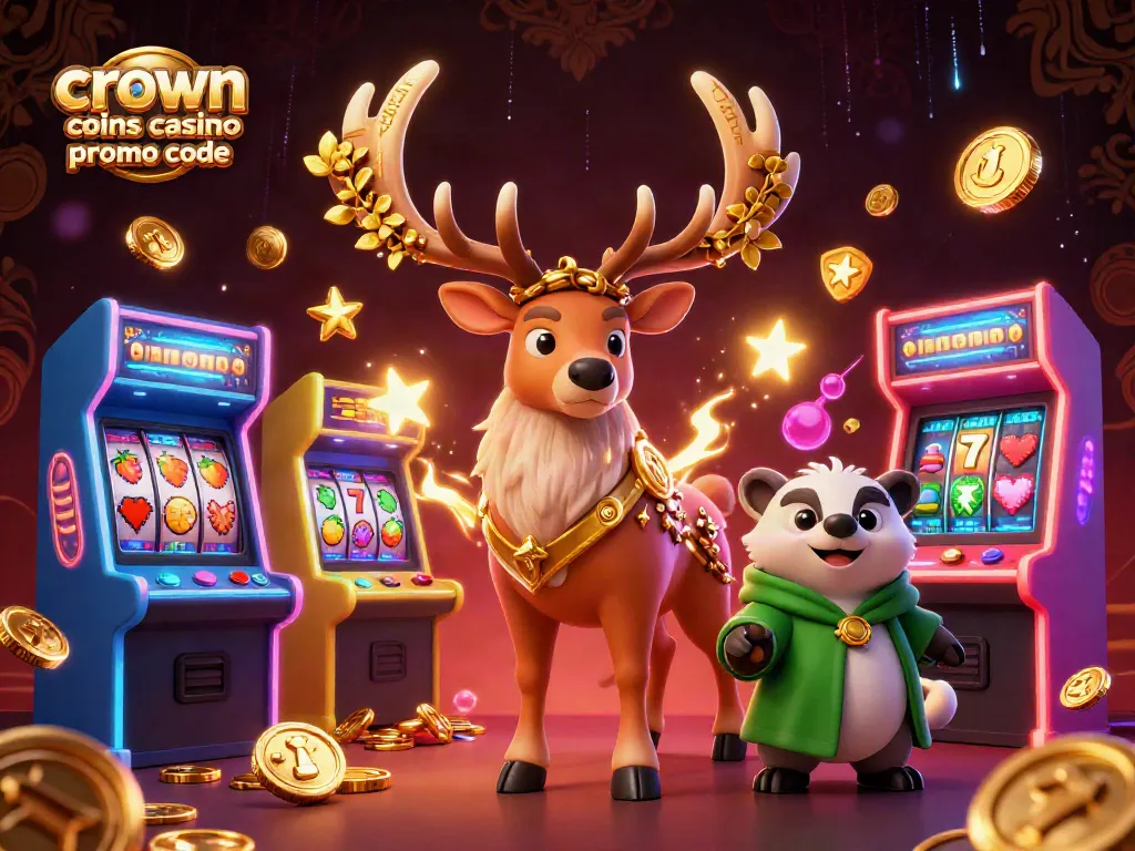 Engage with the crown coins casino promo code in this immersive casino-themed illustration featuring vibrant characters and gaming elements