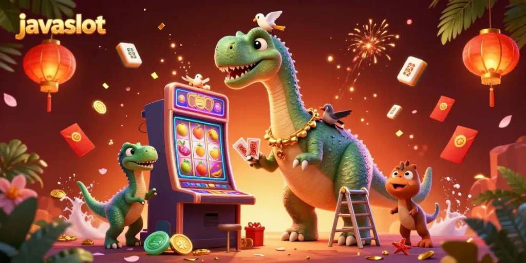 Permainan javaslot bergaya animasi dengan brontosaurus dan elemen kasino menyenangkan.