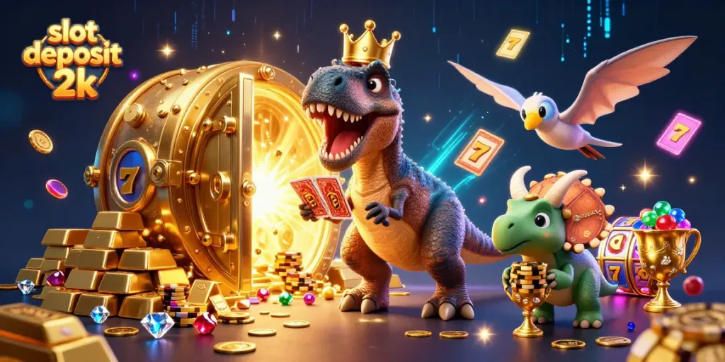 Spin the reels in an ultra-detailed casino scene with a playful T-Rex, highlighting slot deposit 2k.