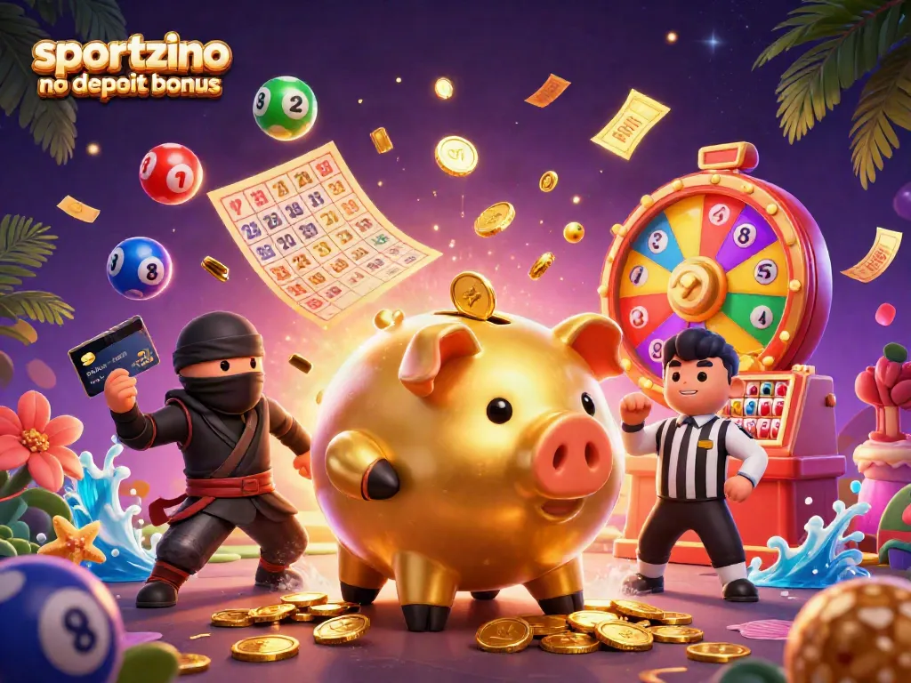Spark excitement with Sportzino no deposit bonus while the golden piggy bank loses coins in a fun casino scene.