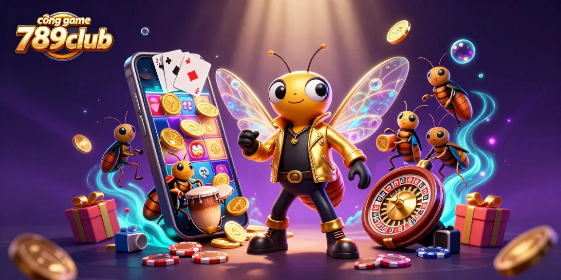 Engage in thrilling gaming at cổng game 789club with a vibrant casino illustration showcasing exciting slot games and characters.