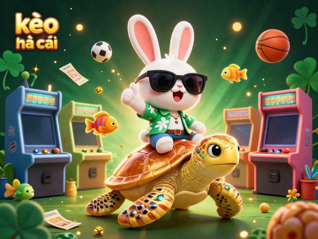 Engage with the kèo nhà cái action featuring a cartoon rabbit and golden turtle in a vibrant, gambling-themed setting.