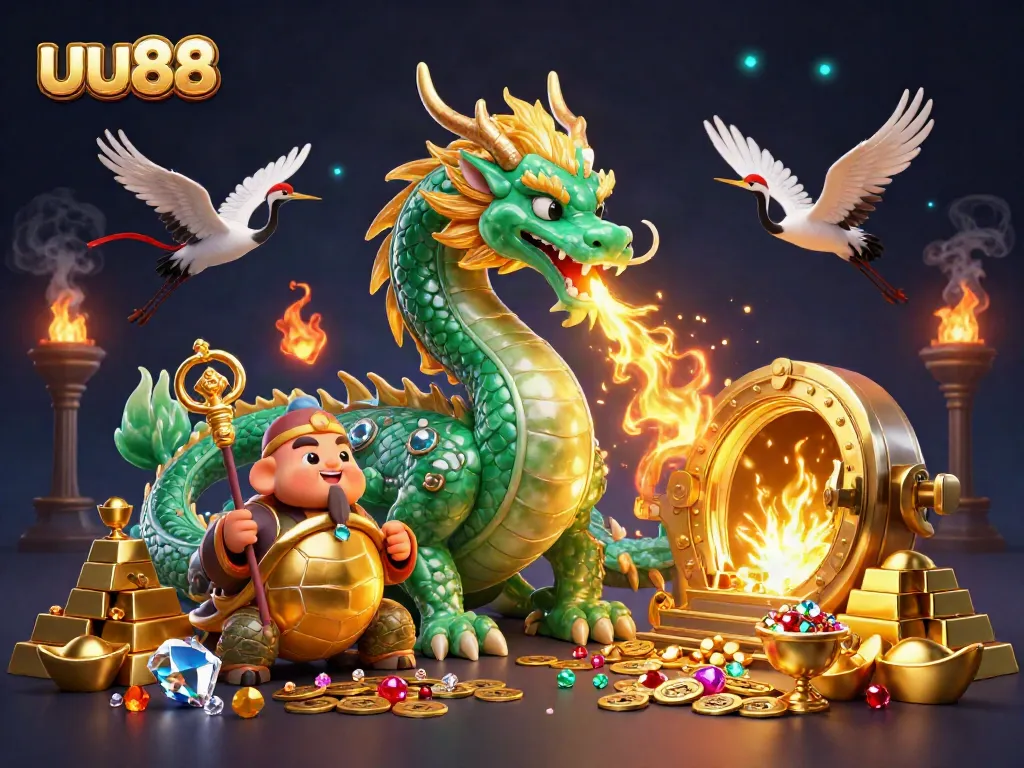 Engage in thrilling gameplay at uu88 with a vibrant scene showcasing a majestic dragon and treasure elements.