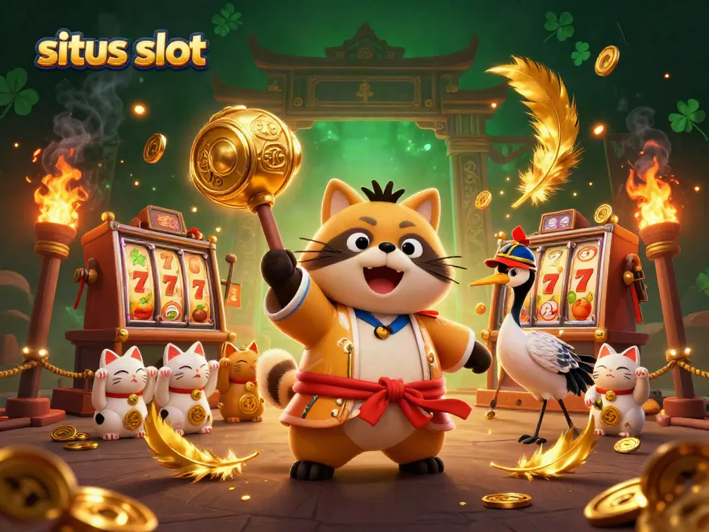 Ilustrasi situs slot menampilkan tanuki ceria dan kucing keberuntungan di arena permainan.