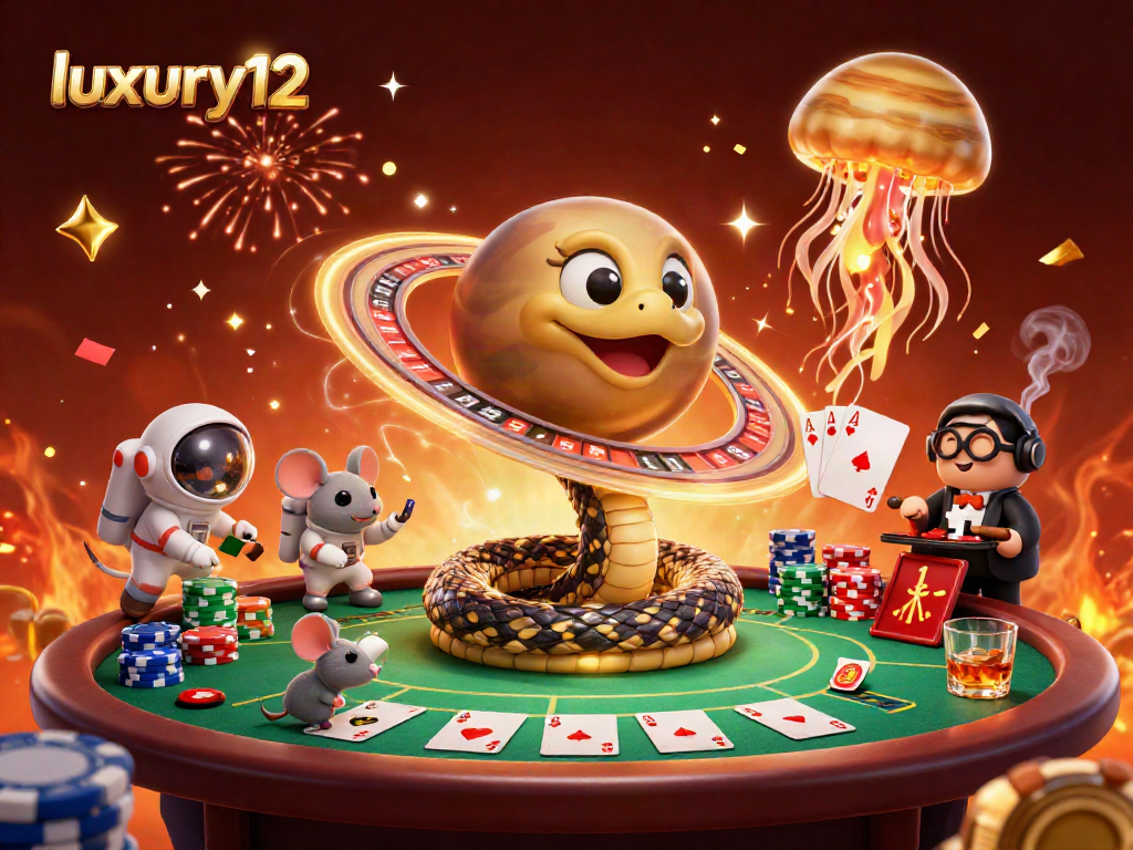 Experience luxury12 gameplay in a vibrant 3D casino scene with cosmic dealers and poker action.