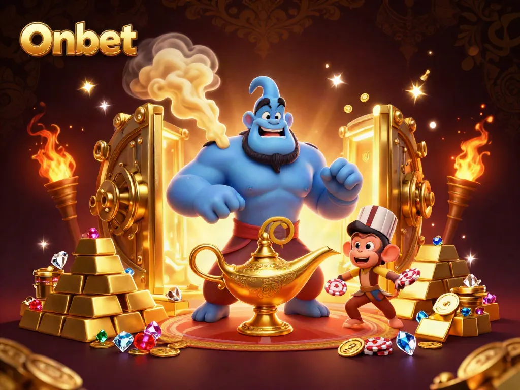 Onbet creates excitement as a genie emerges surrounded by colorful casino treasures and a playful monkey.