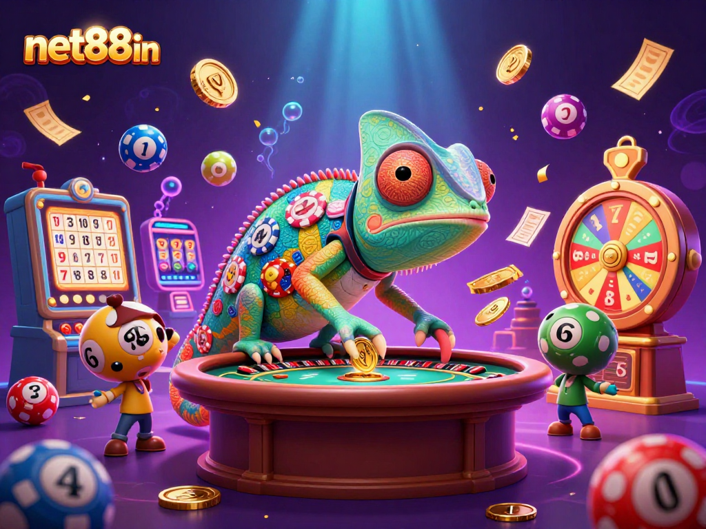 Experience excitement at net88in with colorful slots and a chameleon casino owner.